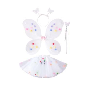 Imagem de Fantasia Borboleta Asa De Borboleta Fada com Tiara com Saia Volumosa De Tule com VarinhaDia das Crianças Infantil (Conj4pç Infantil Branco Pompom)