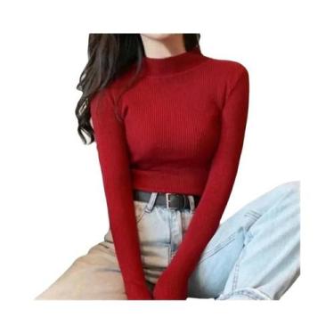 Imagem de Suéter Feminino De Gola Alta Em Malha Macia, Ajuste Slim, Cor Sólida, 