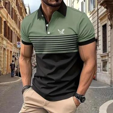 Imagem de Camisa Polo Listrada Masculina Casual De Manga Curta Para Golfe Confor