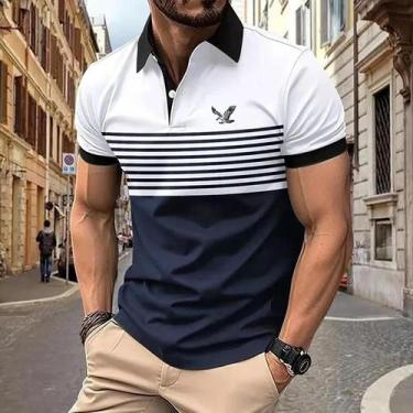 Imagem de Camisa Polo Listrada Masculina Casual De Manga Curta Para Golfe Confor