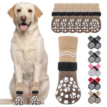 Imagem de BINGPET Meias antiderrapantes de dois lados para pisos de madeira, 6 peças de sapatos para cães com alças ajustáveis, protetor de pata para pavimento, evita lamber para cães pequenos, médios e grandes