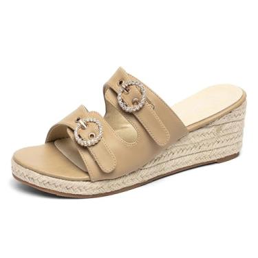 Imagem de Jeesay Sandálias femininas de salto alto com fivela e tira de strass sem cadarço Peep Toe, Bege, 38