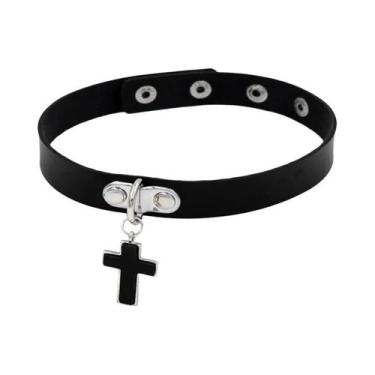 Imagem de Colar Gótico Feminino Preto De Couro Punk Com Coração, Cadeado E Espin