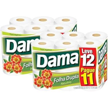 Imagem de Kit com 2 Pacotes Papel Higiênico Folha Dupla Neutro 30 Metros Dama com 12 Rolos