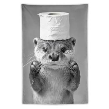 Imagem de Tapeçaria de chapéu de papel higiênico lontra impressão artística preta branca para quarto sala de estar dormitório decoração de casa com adorável design de animal aquático Tapeçaria 102 x 152 cm