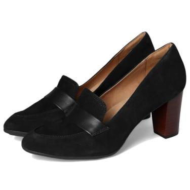 Imagem de SHODENSE Sapatos femininos com salto gatinho grosso, bico redondo, fechado, sem fecho, mocassim de camurça, fosco, salto médio, sapato loafer bico amêndoa, confortável, sapatos Oxford, escritório