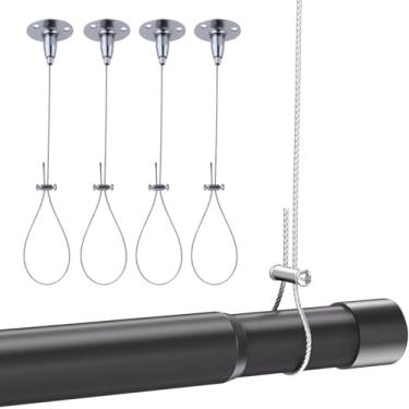 Imagem de Suporte de varão de cortina de chuveiro para montagem no teto - pacote com 4 - fio de suspensão de aço inoxidável ajustável resistente de 150 cm, kit de suporte antiflacidez à prova de ferrugem para