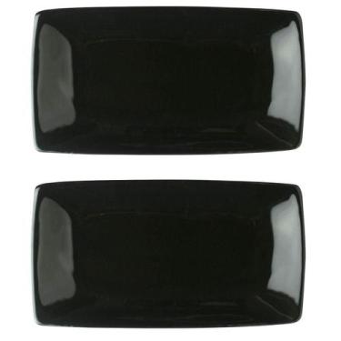 Imagem de 2 Prato Sushi Bandejas Rasas Preto Oriental 22cm Porcelana Germer Sash