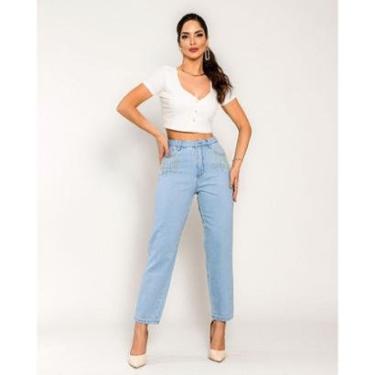 Imagem de CALÇA JEANS MOM FEMININA CINTURA ALTA APLICAÇÃO NOS BOLSOS-Feminino