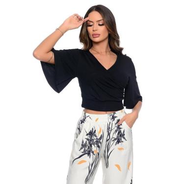 Imagem de Cropped Manga Flare 3/4 Decote V BBonnie Fiore Preto-Feminino