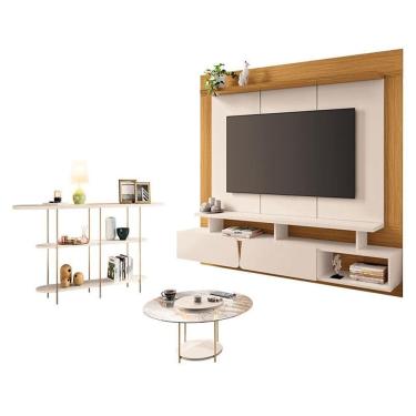 Imagem de Home Suspenso Zenith com Mesa de Centro Sky com Tampo de vidro e Aparador Infinity Off White Cinamomo - HB Móveis