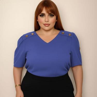 Imagem de Blusa Feminina Plus Size Linho Alfaiataria com Botão - G-Store, Azul r