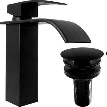 Imagem de Torneira Preta Banheiro Bica Baixa Cascata Valvula Click 7/8 Inox Kit 