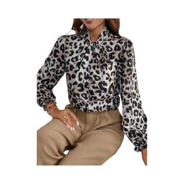 Imagem de Blusa Feminina Com Estampa De Leopardo, Gola Com Laço, Manga Longa, Es