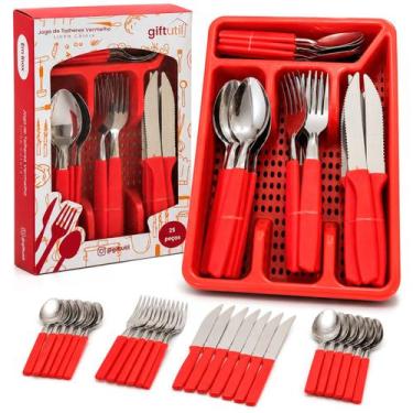 Imagem de Conjunto De Talheres Inox 25 Peças Cabos Preto Ou Vermelho Porta-Talhe