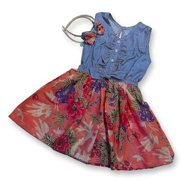 Imagem de Vestido Infantil Menina Jeans Saia Florida Festa Ano Novo