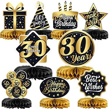 Imagem de Peça central grande de colmeia de 30 anos - 9 peças | favo de mel de festa de aniversário de 30 anos para decorações de mesa de 30 anos | Centros de mesa de aniversário de 30 anos para mesas | Topos de mesa de aniversário sujos de trinta e 30 anos