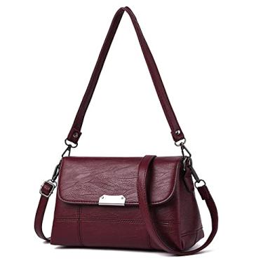 Imagem de Bolsas transversais moda casual com aba para mulheres bolsa de couro macio sob a axila média simples bolsas de ombro, Vermelho