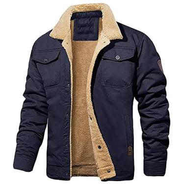 Imagem de Jaqueta masculina casual inverno engrossar jaqueta militar forro de lã vários bolsos casaco cargo de trabalho jaquetas à prova de vento externa, azul, XGG