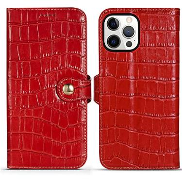 Imagem de RAYESS Capa clamshell para Apple iPhone 13 Pro Max (2021) 6,7 polegadas, textura de crocodilo couro à prova de choque Folio suporte capa de telefone carteira porta-cartão (cor: vermelho)