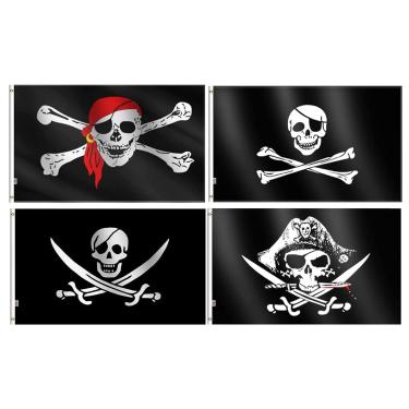 Imagem de Bandeira de Bandana Vermelha de Pirata Rhungift grande 91,44 cm x 13,36 cm, moderada ao ar livre em ambos os lados 100D poliéster, cabeçote de lona e costura dupla - Bandeiras de Halloween Jolly Roger Bandeiras Pirates Pretas