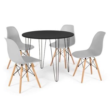 Imagem de Conjunto Mesa de Jantar Redonda Hairpin 90cm Preta com 4 Cadeiras Eames Eiffel - Cinza