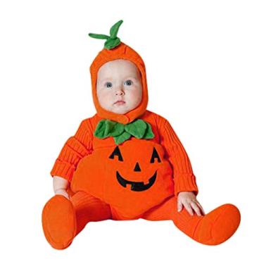 Imagem de Macacão com capuz para bebês recém-nascidos, menino, fantasia de fantasma de Halloween, macacão de abóbora infantil fofo + sapatos (laranja, 3 a 6 meses)