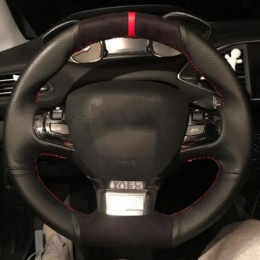 Imagem de LAVIYE Mão-costurado preto couro genuíno camurça Car Steering Wheel Cover, para Peugeot 308 2014 2015 2016 2017