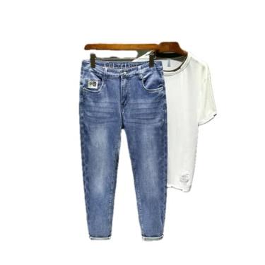 Imagem de Calça jeans calça jeans bordada jeans masculina alta elástica reta ajuste jeans tendência masculina, Azul, 33-34