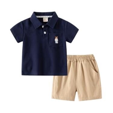 Imagem de Conjunto de shorts de camisa polo para bebês meninos desenho animado algodão sólido manga curta esporte 2 peças conjuntos de terno curto, Azul-marinho, 130/5-6 Y