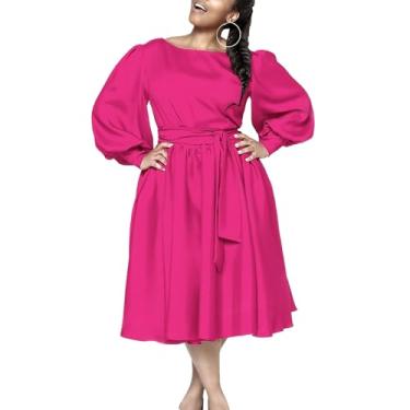 Imagem de Feminino verão Gravata Cintura Frontal Crew Neck Manga Longa Plissado Uma Linha Flared Casual Midi Dress,Pink,M