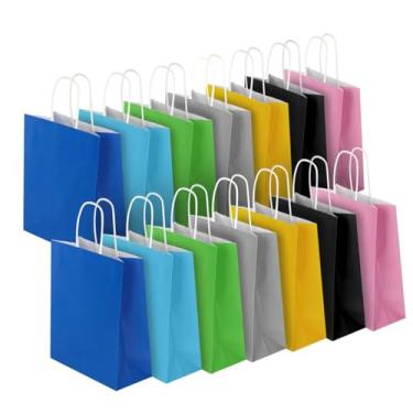 Imagem de bagmad Pacote com 70 sacos de papel kraft multicoloridos pequenos com alças de 15 x 8 cm x 8 cm, 7 cores sortidas, sacos de embrulho de presente para lembrancinhas de festa, compras, compras, Natal,