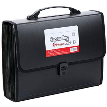 Imagem de JIZISO Pasta sanfonada expansível de 26 bolsos com alça - Tamanho de papel letra A4 - Pasta de arquivo grande expansível de plástico organizador mensal portátil de documentos com aba e fivela (preto)