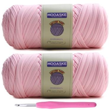 Imagem de Mooaske Pacote com 2 camisetas de crochê para fazer você mesmo tricô pano de crochê bolsa de bonecas - 400 g de fio grosso grosso para crochê com tecido elástico de mistura de poliéster-elastano (rosa