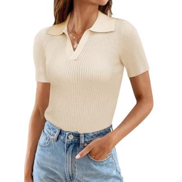 Imagem de EVALESS Camisetas femininas modernas com gola V, manga curta, caneladas, gola de lapela, camiseta básica, B Bege, P