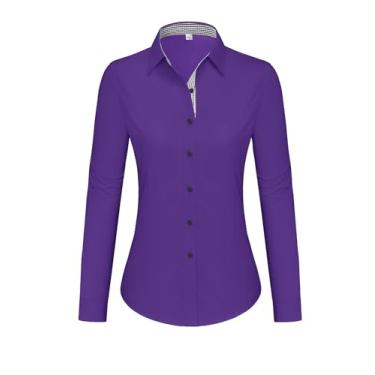 Imagem de siliteelon Camisas femininas com botões de algodão e manga comprida para mulheres, sem rugas, blusa de trabalho elástica, Roxa, GG