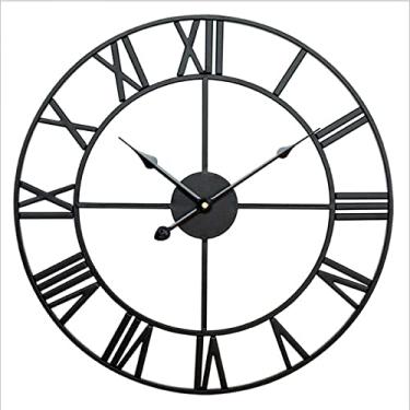 Imagem de Relógio de parede, grande relógio de parede de jardim ao ar livre grandes números romanos gigante rosto aberto metal preto relógio de parede de ferro forjado (preto 60 cm)