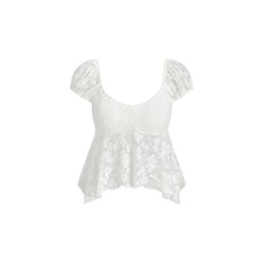 Imagem de Floerns Camisetas femininas de renda transparente, manga bufante, gola redonda, bainha assimétrica, Branco, M