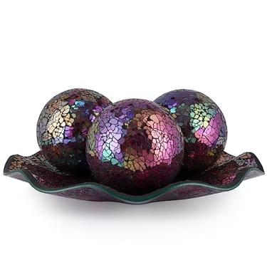 Imagem de MDLUU Conjunto de tigelas e bolas de centro de mesa, bandeja de mosaico com 3 peças, placa decorativa de 30,5 cm com esferas de mosaico de 10 cm para decoração de casa, presente (roxo multicolorido)