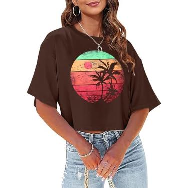 Imagem de CAZYCHILD Camisetas havaianas femininas para sol, sal e areia, coqueiro, verão, praia, estampado, camiseta cropped casual, Marrom, P