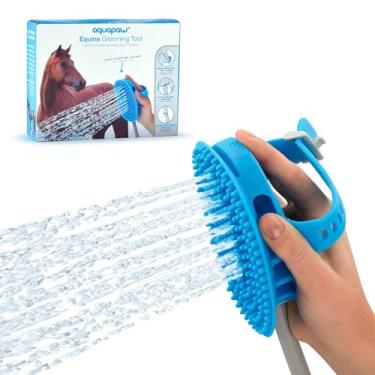 Imagem de Aquapaw Escova de banho 5 em 1 para cavalos e cães e pente de curry - silicone azul GG - Inclui acessório e adaptador de mangueira de chuveiro de 90 cm - Massageador de spray ajustável - Suprimentos