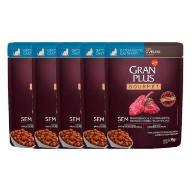 Imagem de KIT 5 Ração Úmida Gran Plus Gourmet Gatos Castrados Ovelha Sachê 85g -