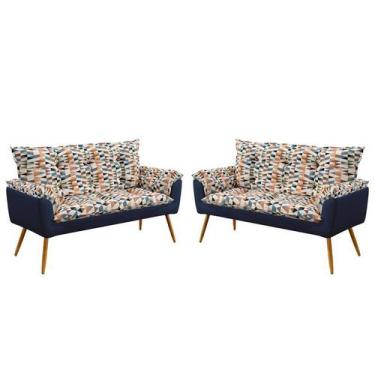 Imagem de Kit 2 Poltronas Namoradeira Opala Suede Estampado Laranja com Azul Mar