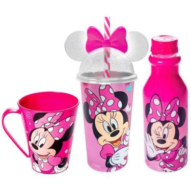 Imagem de Kit 3 em 1 Minnie Xícara Copo Orelhas e Garrafinha Rosa Plasutil, Kit 
