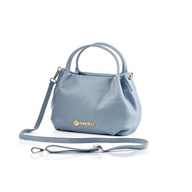 Imagem de Baroncelli Bolsa feminina de couro italiano de couro macio genuíno, tamanho médio, bolsa tiracolo feita na Itália, Azul claro, Large