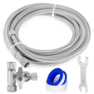 Imagem de Kit de linha de água para máquina de gelo de geladeira de 4,5 m, linha de água trançada de aço inoxidável 304 sem válvula de parada de latão de chumbo, chave inglesa, fita de vedação, kit de linha de