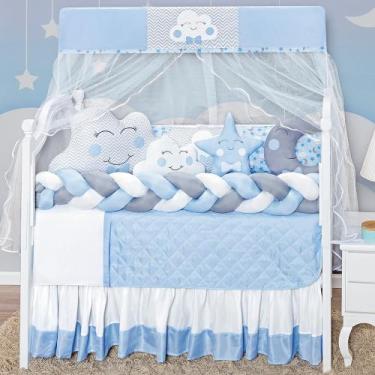 Imagem de Kit enxoval de berço 12 peças nuvem estampada com trança e lateral  - 