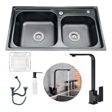 Imagem de Kit Cuba Cozinha Pia Dupla E Torneira Perfil Em L Slim Luxo