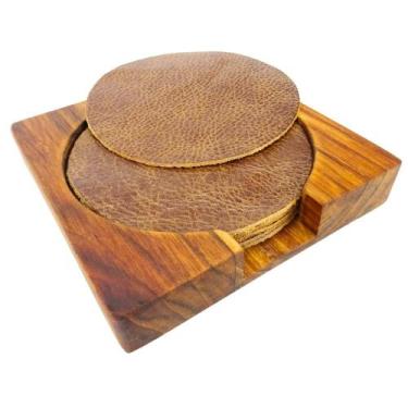 Imagem de Descanso de copo luxo porta copo couro com suporte em madeira - Carmis