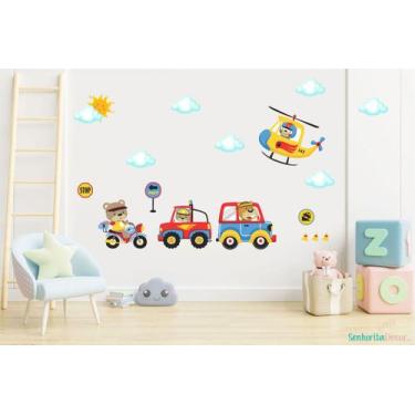 Imagem de adesivo de parede ursinhos carros moto helicópteros - Senhorita Decor